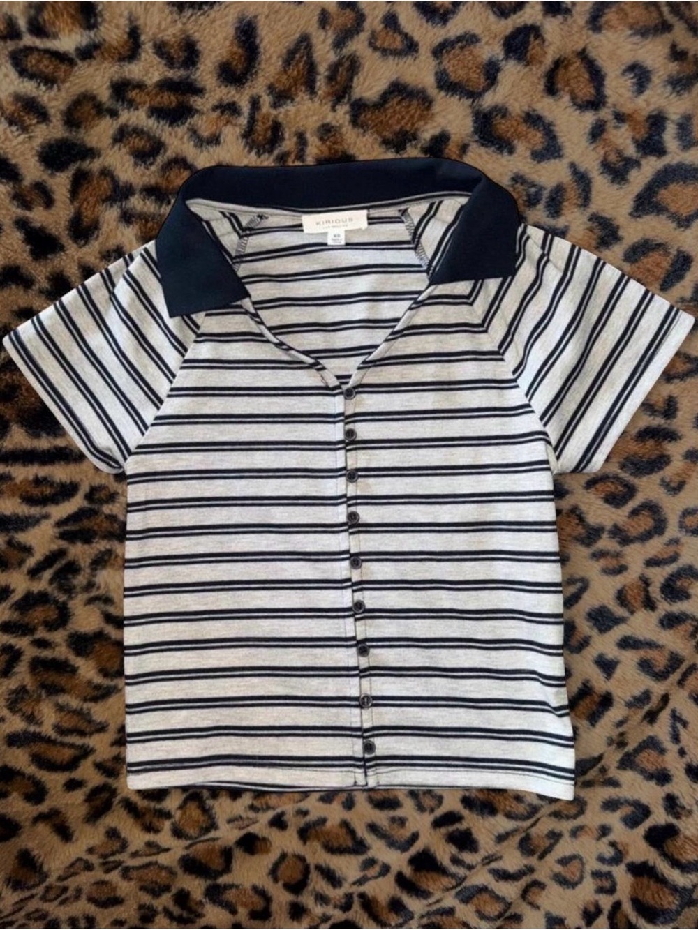 Striped Short Sleeve Polo Top with Navy Collar -